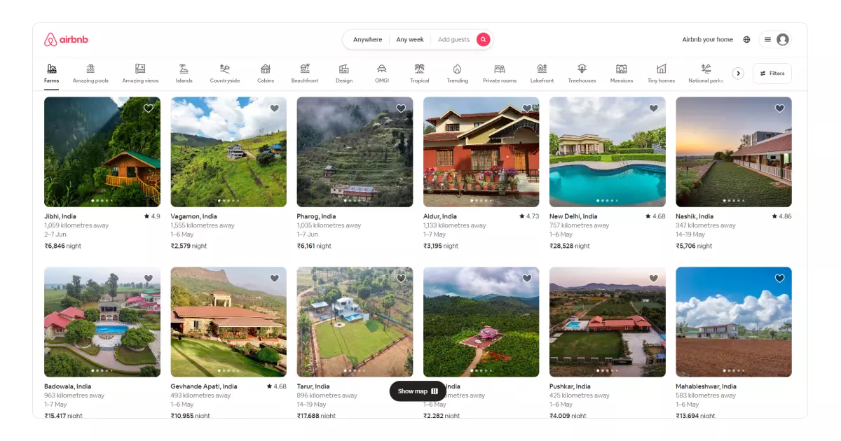 Airbnb uses several visual hierarchy principles to make its search results page aesthetically pleasing.